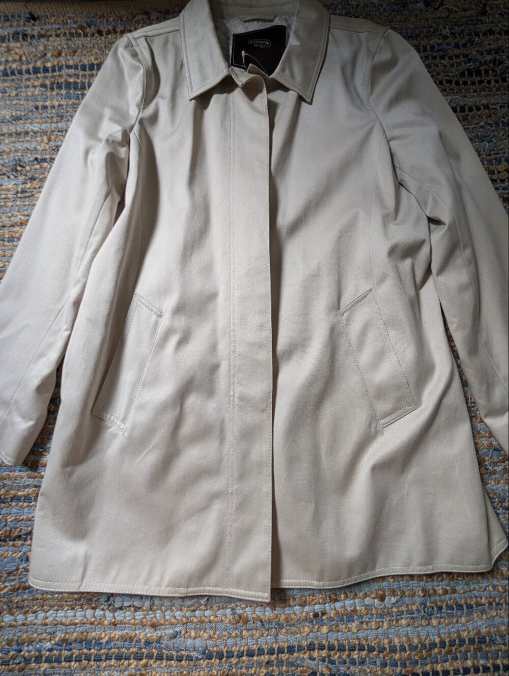 Coach Trench Coat L Cream Signature Lining Classic Quiet Luxury *Flaws* Scarf - Picture 6 of 16